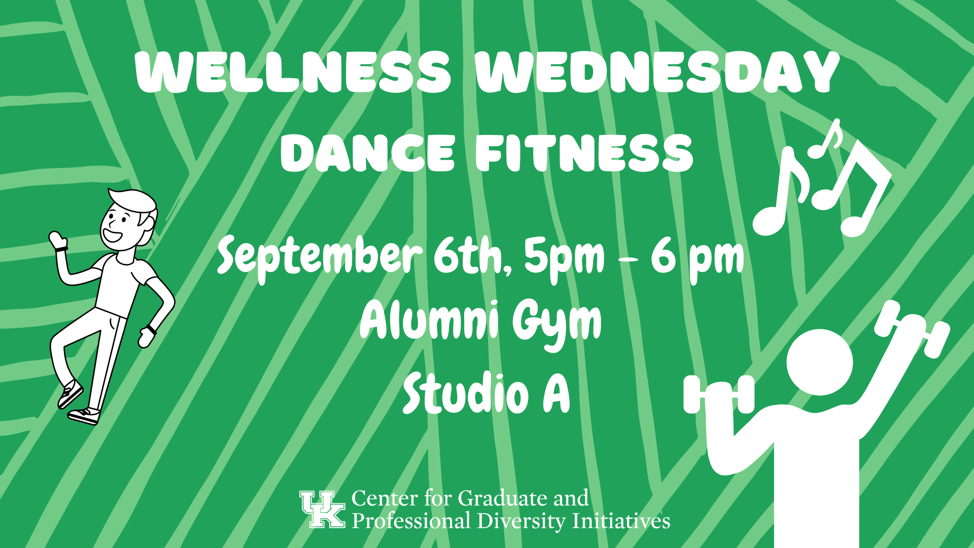 Wellness Wednesday Dance fitness. September 6th from 5pm to 6pm in the alumni gym