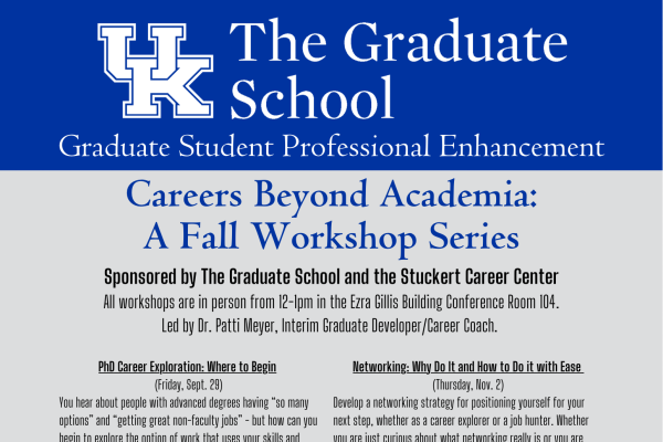 Careers Beyond Academia: A Fall Workshop Series   Sponsored by The Graduate School and the Stuckert Career Center   All workshops are held in person only 12:00 p.m. to 1:00 p.m. in the Gillis Building Conference Room (104) Led by Dr. Patti Meyer, Interim Graduate Career Developer/Career Coach PhD Career Exploration: Where to Begin (Friday, Sept. 29)  You hear about people with advanced degrees having “so many options” and “getting great non-faculty jobs” - but how can you begin to explore the option of work