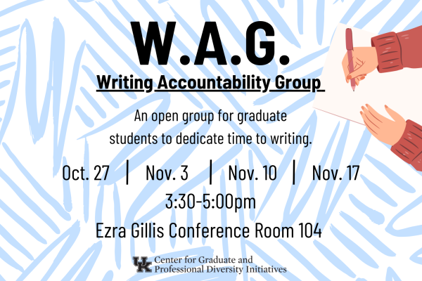 Writing accountability group. Oct. 27/Nov. 3/ Nov. 10/ Nov. 17. 3:30-5pm. Ezra Gillis Conference Room 14
