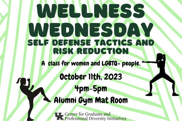 Wellness Wednesday. Self defense tatics and risk reduction. A class for women and LGBTQ+ people. October 11th, 2023 4-5pm, Alumni gym mat room.