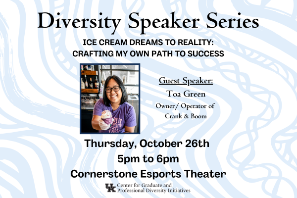 Diversity speaker series. Toa Green. October 26 5-6pm Cornerstone Esports theater